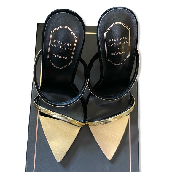 Michael Costello x REVOLVE Gwenn Sandal in Black gold high heels shoes suede 7 - Picture 10 of 16